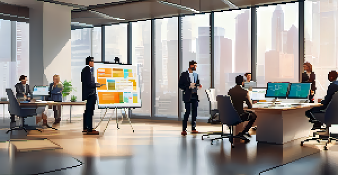 A diverse group of professionals in a modern office discussing intellectual property with charts and documents around them.