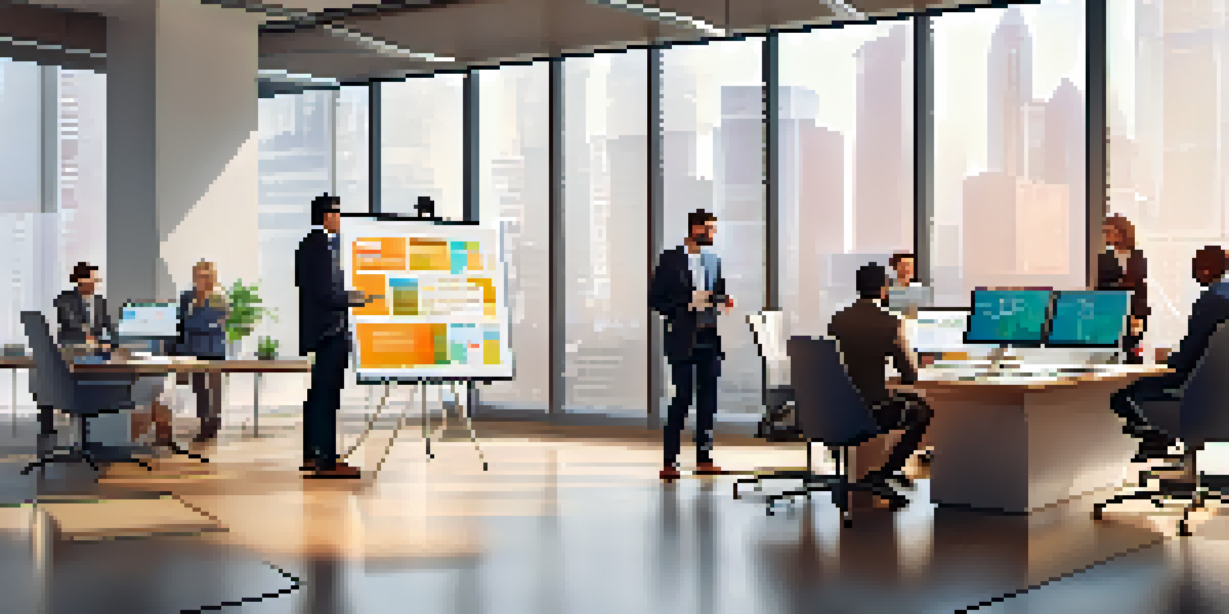 A diverse group of professionals in a modern office discussing intellectual property with charts and documents around them.