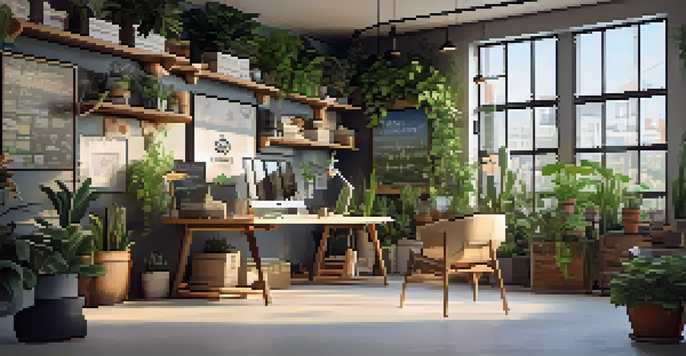 An eco-friendly workspace with a desk made from recycled materials, surrounded by potted plants and bathed in natural light.