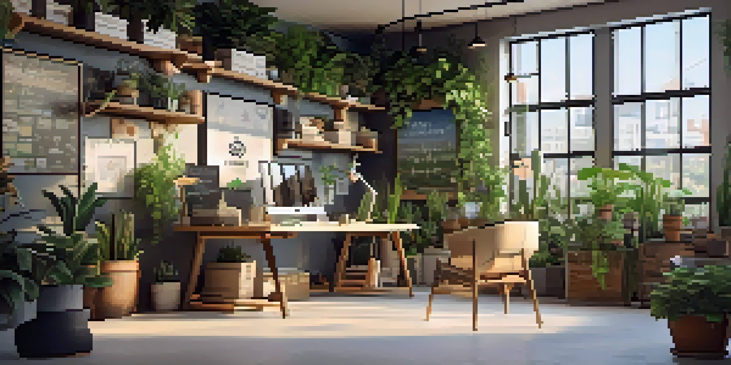 An eco-friendly workspace with a desk made from recycled materials, surrounded by potted plants and bathed in natural light.