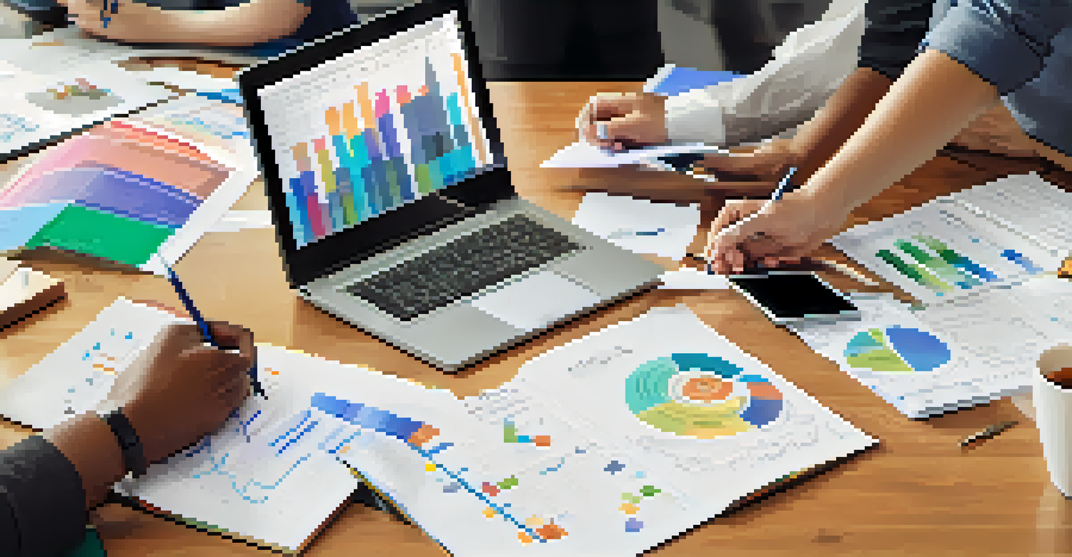 Close-up of hands collaborating on a project with a notepad and laptop, showcasing teamwork and creativity.