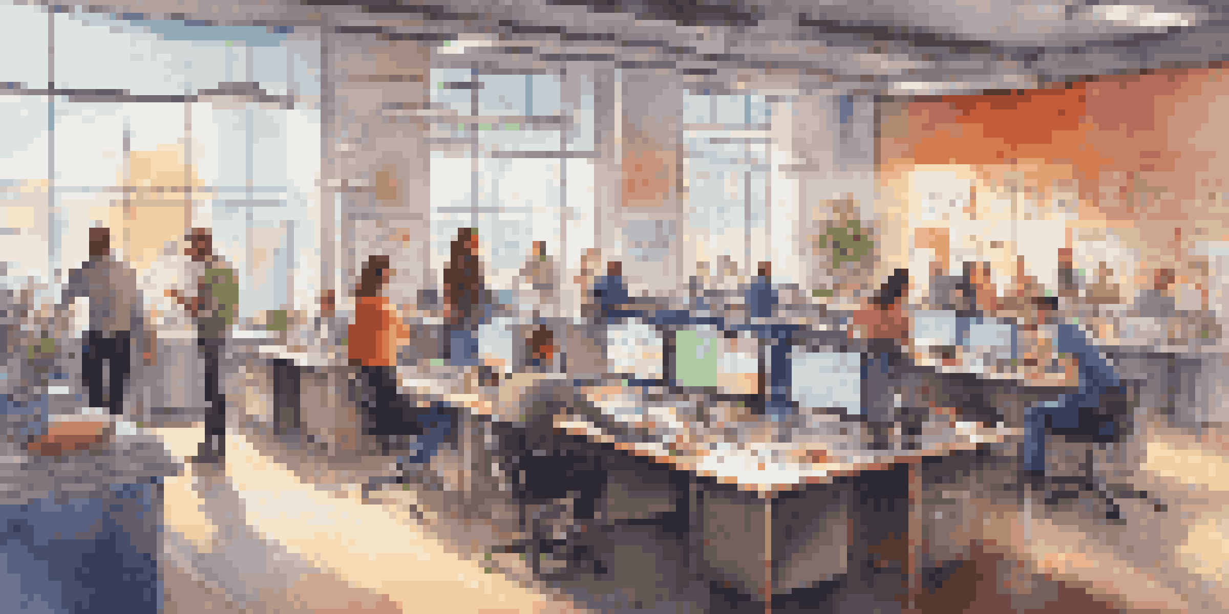 A lively office environment with employees participating in gamified activities, showcasing a leaderboard and colorful badges.