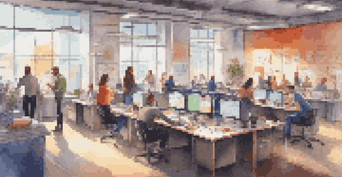 A lively office environment with employees participating in gamified activities, showcasing a leaderboard and colorful badges.