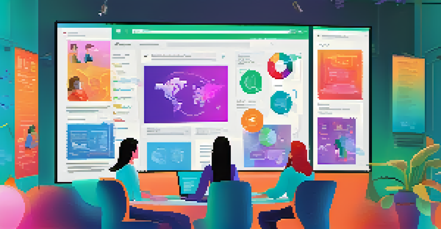 A diverse team collaborating in a modern workspace over a digital platform, with a large screen showing a virtual meeting and colorful graphics for communication tools.