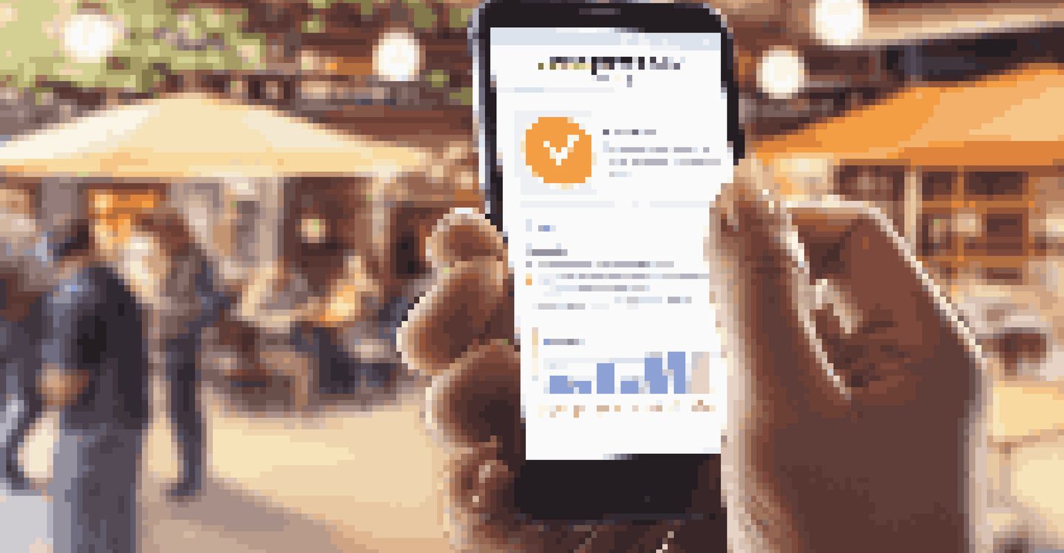 A close-up of a hand holding a smartphone showing a customer feedback survey in a blurred café setting.