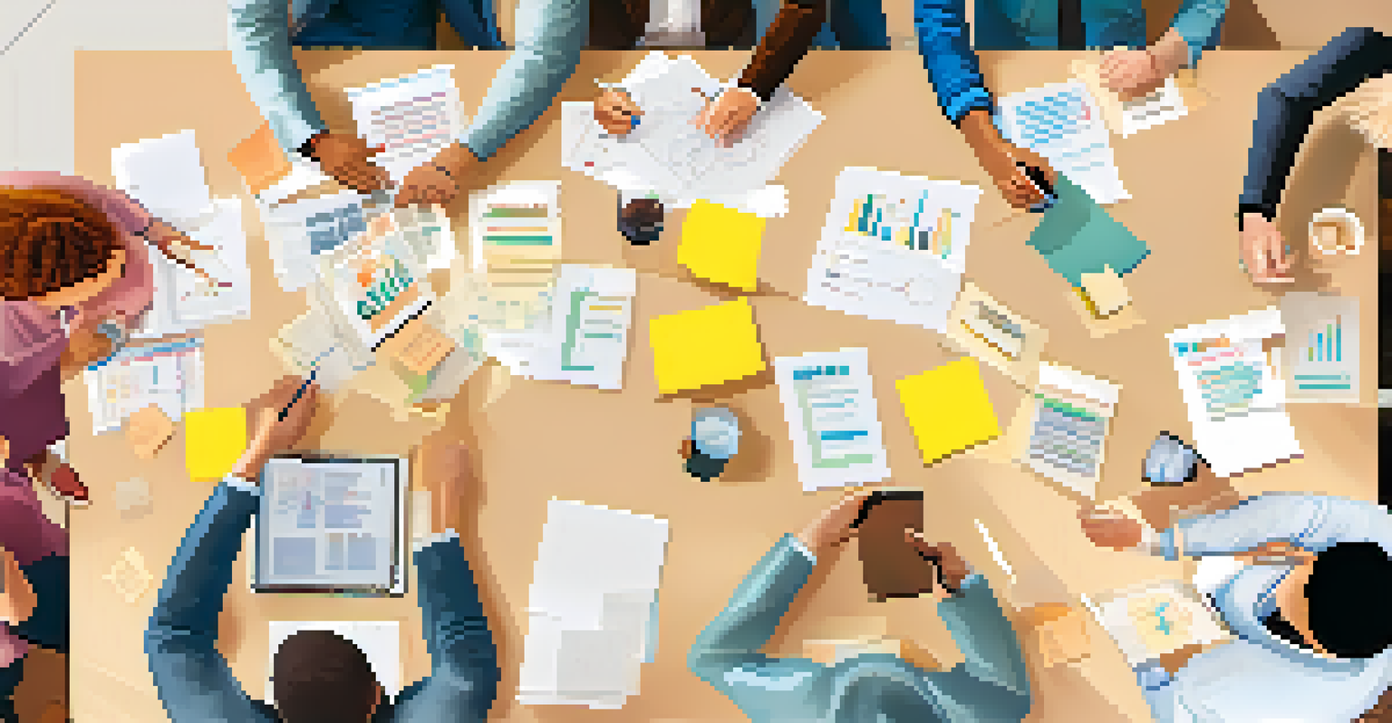 A diverse group of people collaborating around a table filled with charts and sticky notes during a strategic planning session in a bright, modern room.