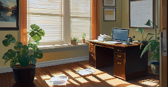 A calm office scene featuring a wooden desk with financial reports, a laptop showing graphs, and a coffee mug, illuminated by soft morning light.