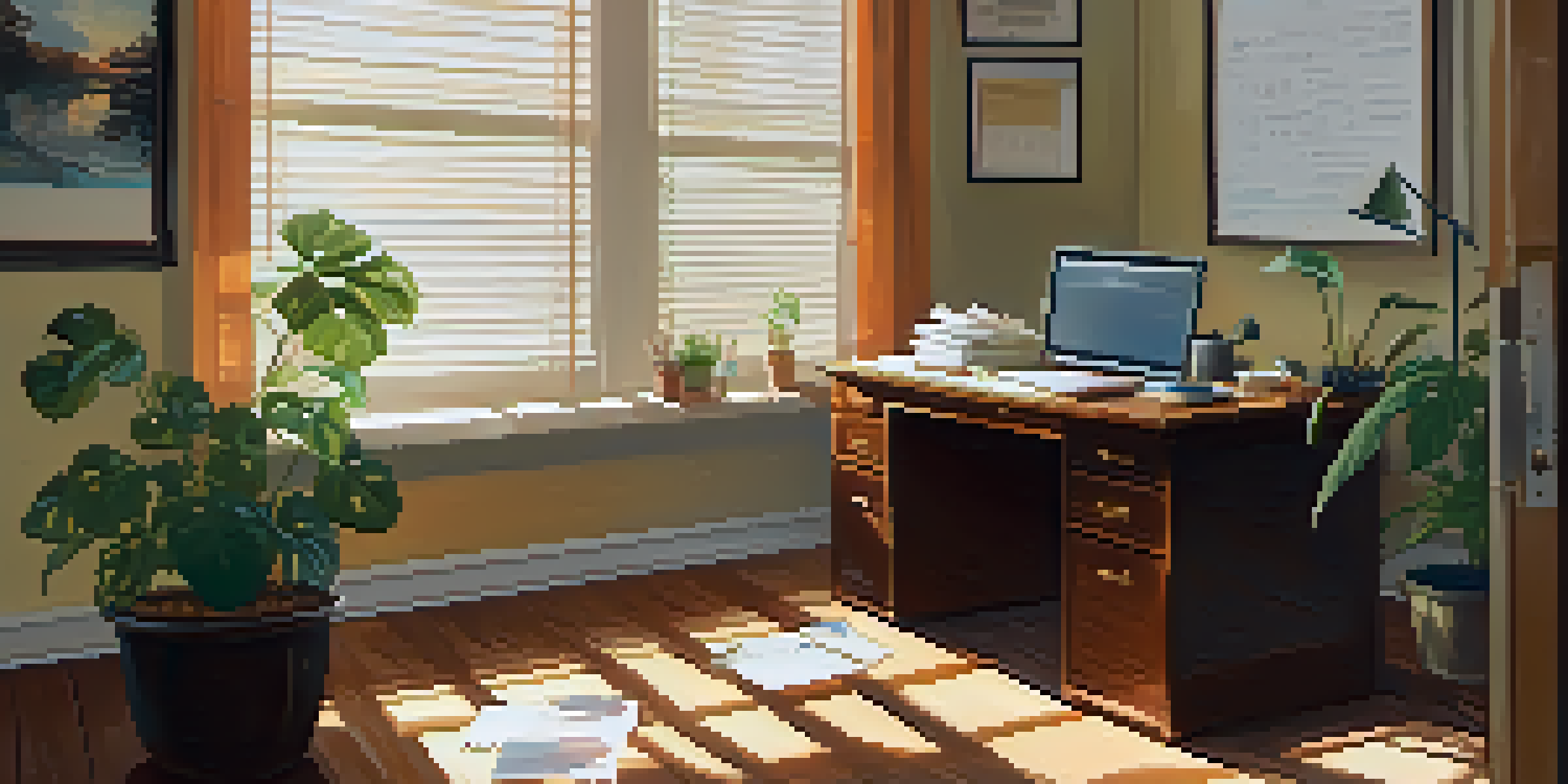 A calm office scene featuring a wooden desk with financial reports, a laptop showing graphs, and a coffee mug, illuminated by soft morning light.