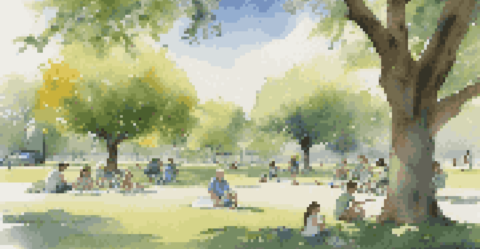A peaceful park scene with families picnicking and playing, showcasing eco-friendly features like solar panels and recycling bins.