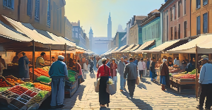 A lively urban market with diverse consumers interacting with vendors, colorful stalls, and sunlight filtering through awnings.