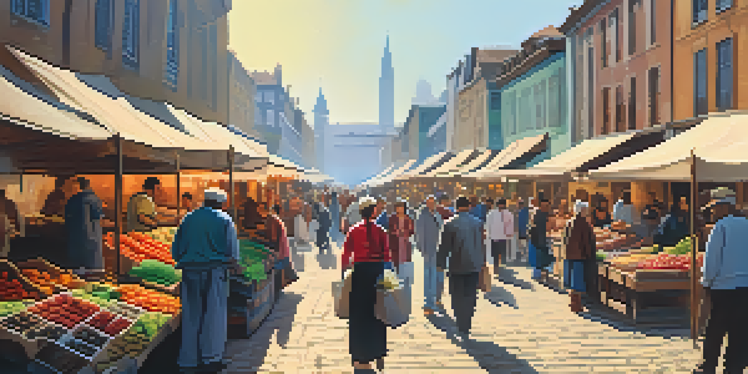 A lively urban market with diverse consumers interacting with vendors, colorful stalls, and sunlight filtering through awnings.