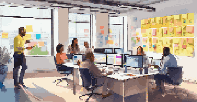 A diverse group of professionals in a bright office, brainstorming video marketing ideas with colorful notes and a screen showing video content.