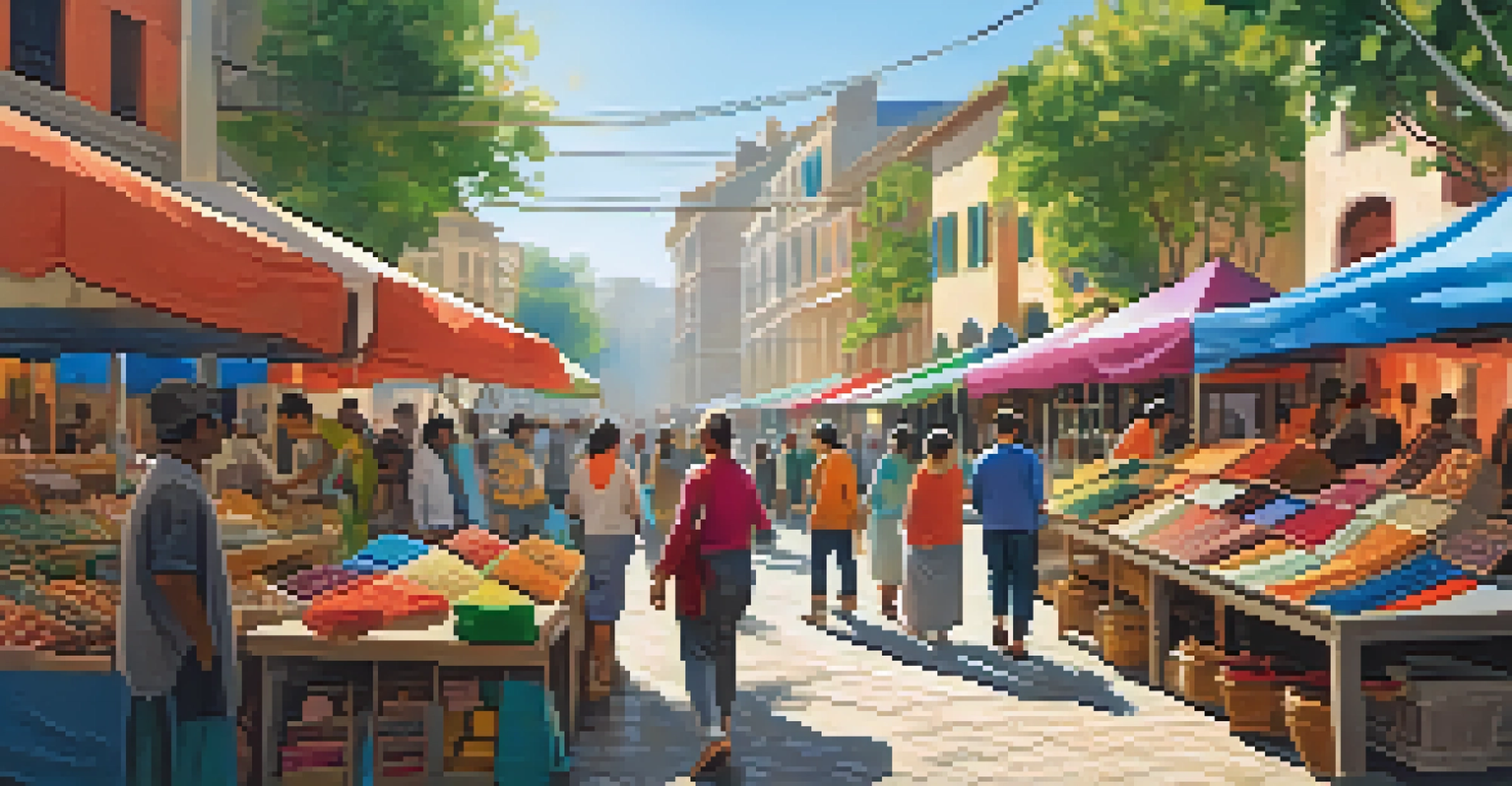 A lively marketplace showcasing local artisans selling handmade goods, surrounded by greenery and sunny weather.