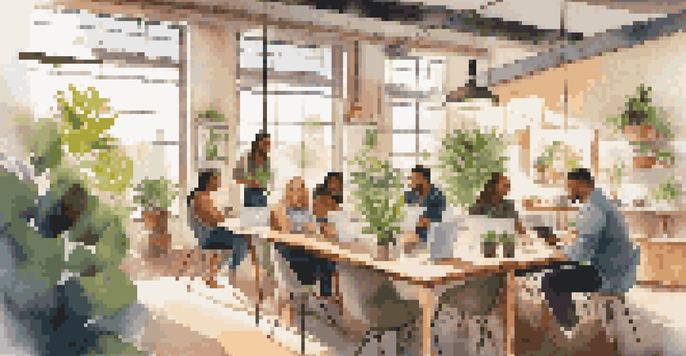 A bright co-working space where diverse entrepreneurs are collaborating around a large table, with plants and modern decor and sunlight streaming through windows.