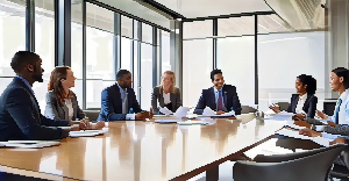 A diverse group of employees engaged in a collaborative discussion around a conference table, with natural light streaming in through large windows.