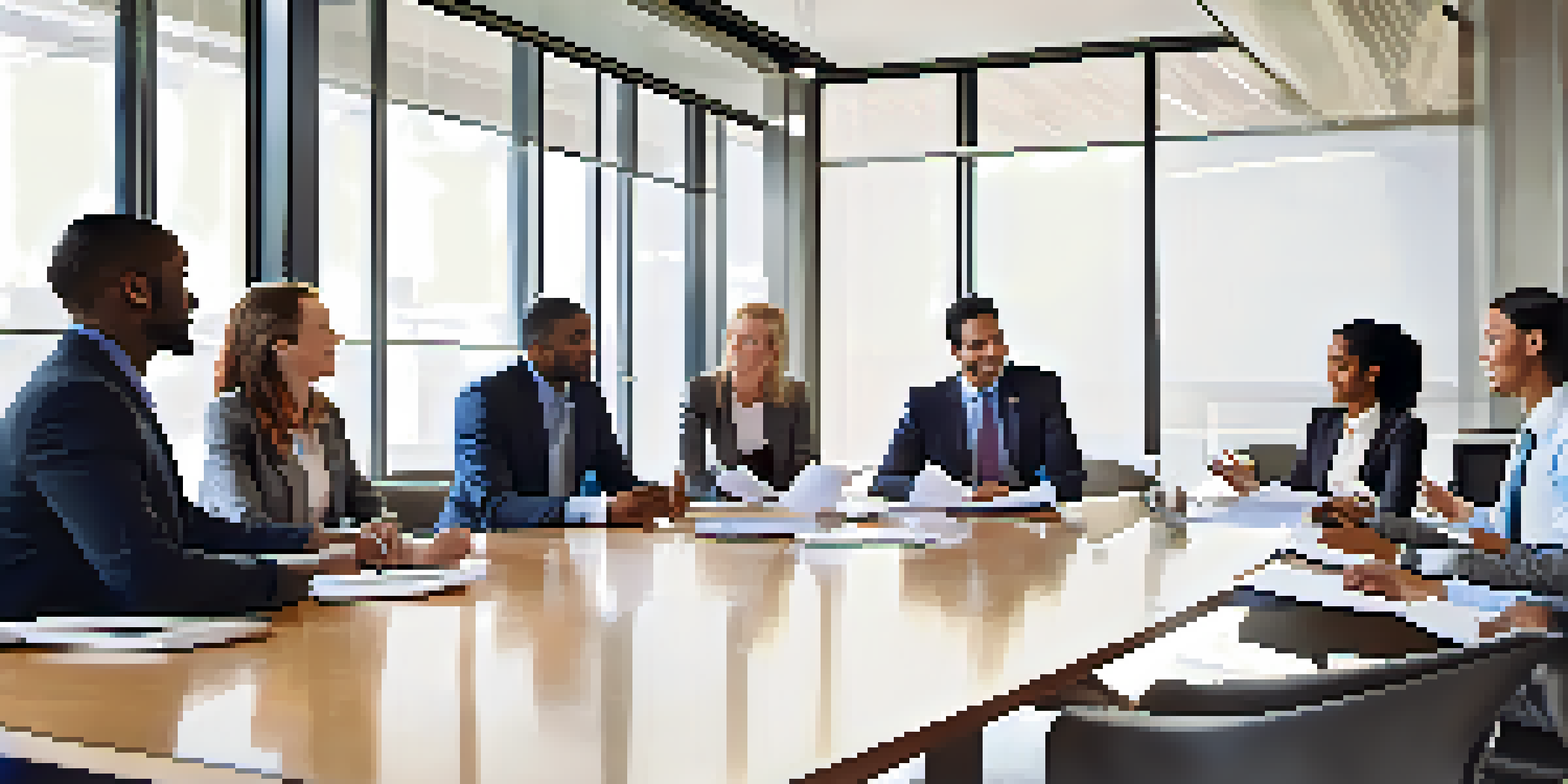 A diverse group of employees engaged in a collaborative discussion around a conference table, with natural light streaming in through large windows.