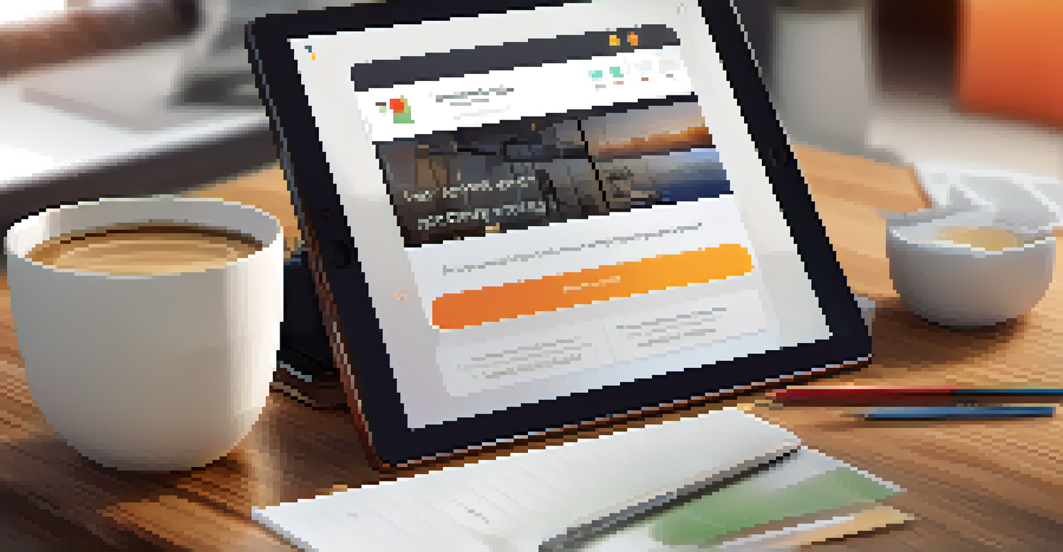 A tablet showing a colorful email template design on a stylish desk with a coffee cup and notepad.