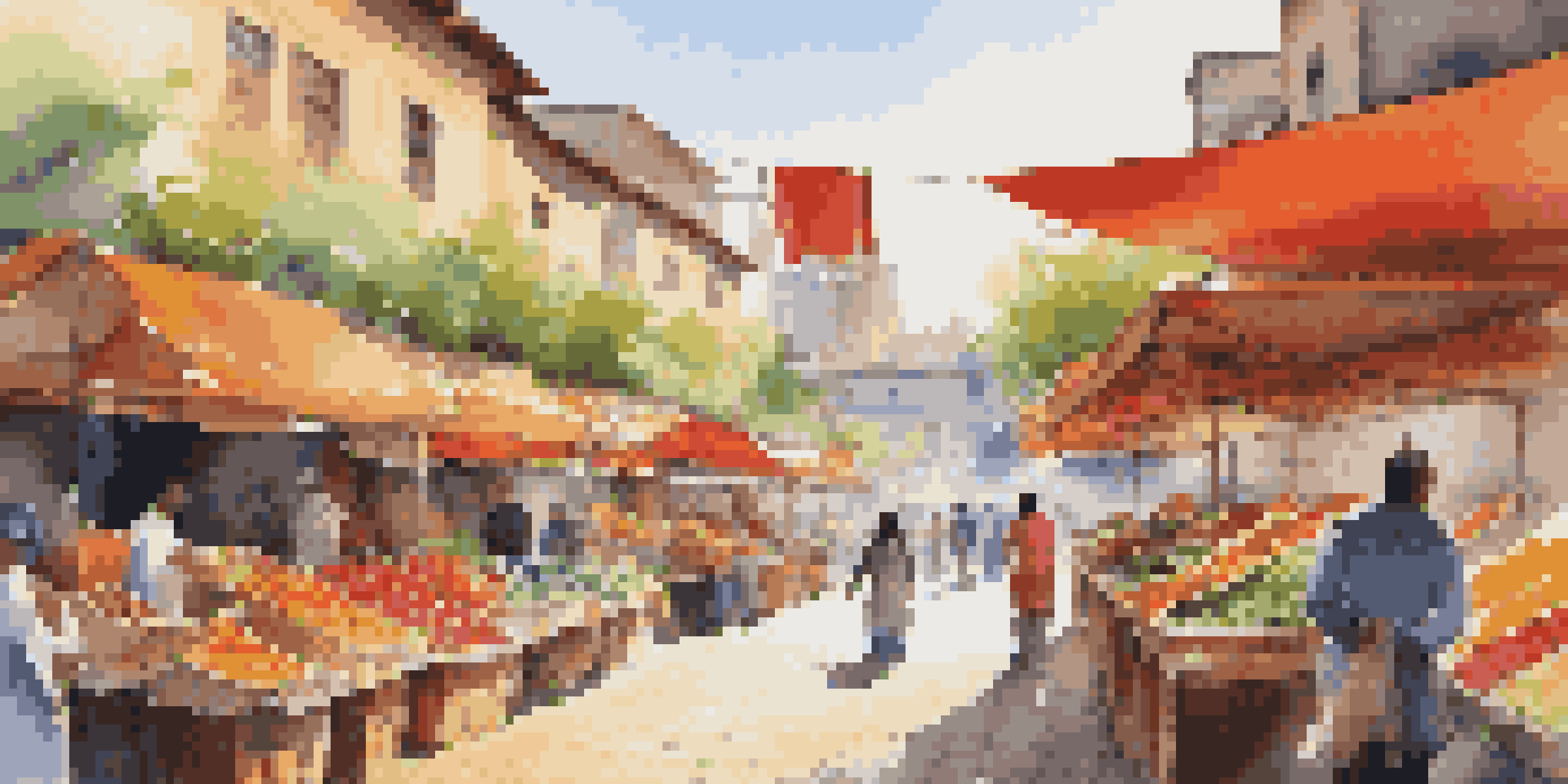 A bustling market in an emerging city filled with vendors, colorful stalls, and diverse people interacting under bright sunlight.