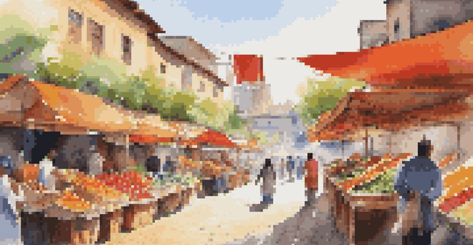 A bustling market in an emerging city filled with vendors, colorful stalls, and diverse people interacting under bright sunlight.