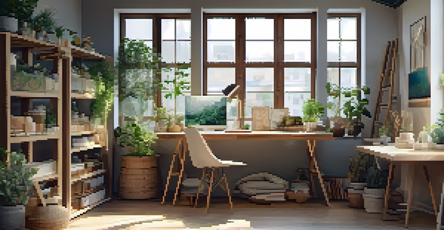 A creative workspace with sustainable materials, featuring a wooden desk bathed in natural light, handmade crafts, and a small plant.