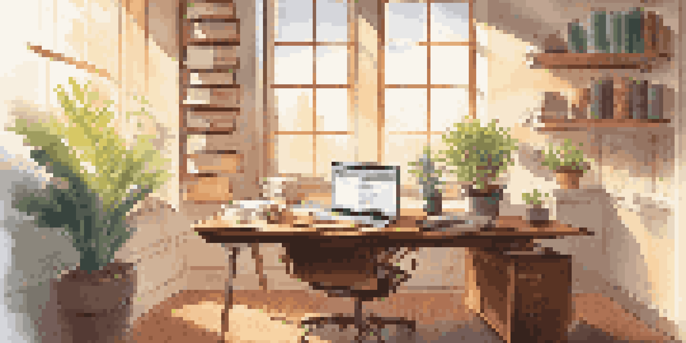 A bright office space featuring a wooden desk with a laptop displaying financial graphs, a potted plant, and sunlight illuminating the area.