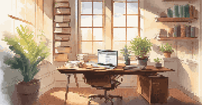 A bright office space featuring a wooden desk with a laptop displaying financial graphs, a potted plant, and sunlight illuminating the area.