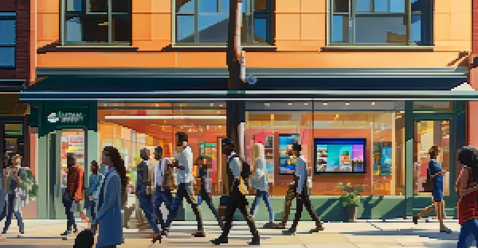 A lively city street with diverse individuals using smartphones, surrounded by colorful digital advertisements and modern architecture.