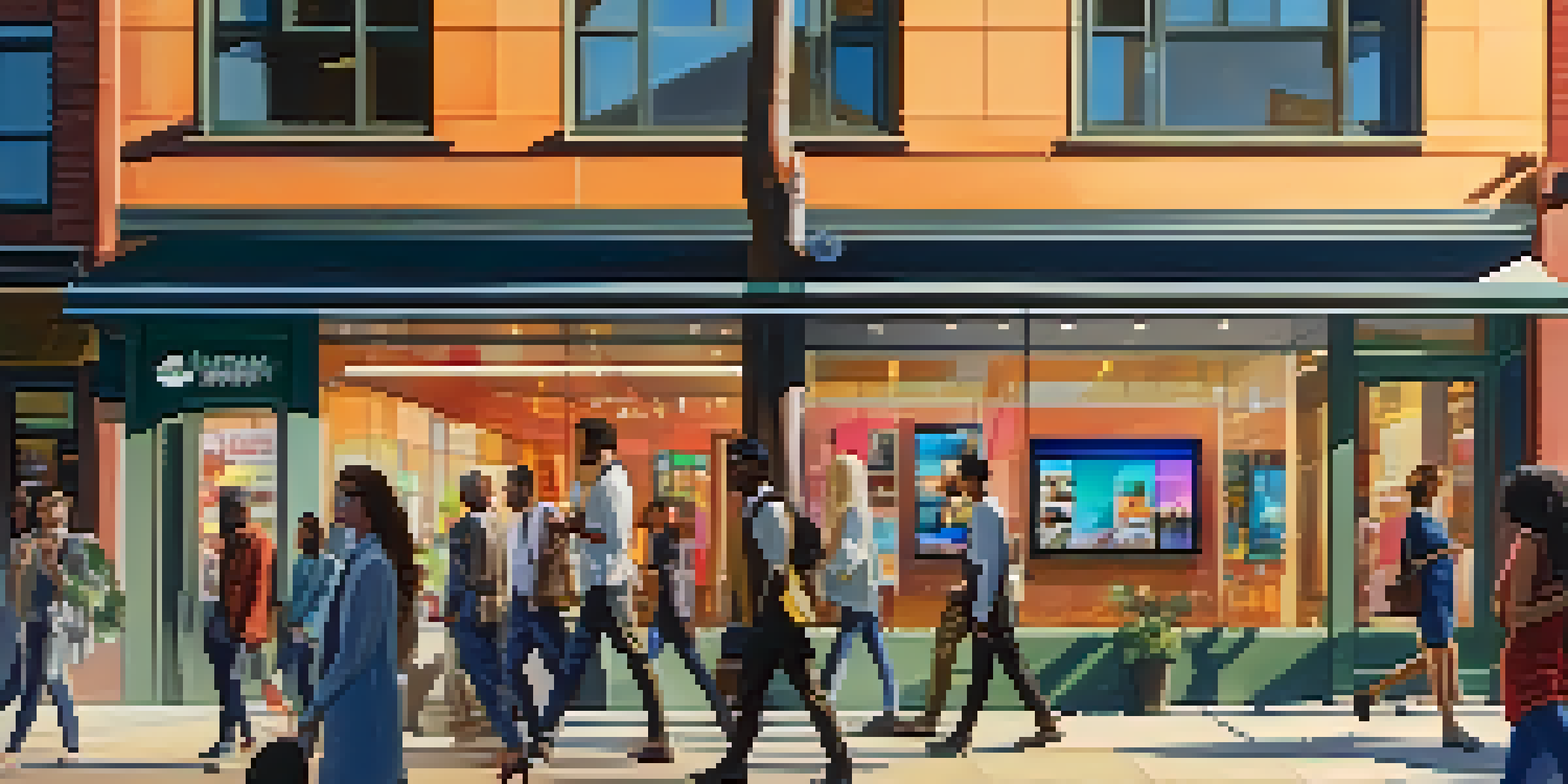 A lively city street with diverse individuals using smartphones, surrounded by colorful digital advertisements and modern architecture.