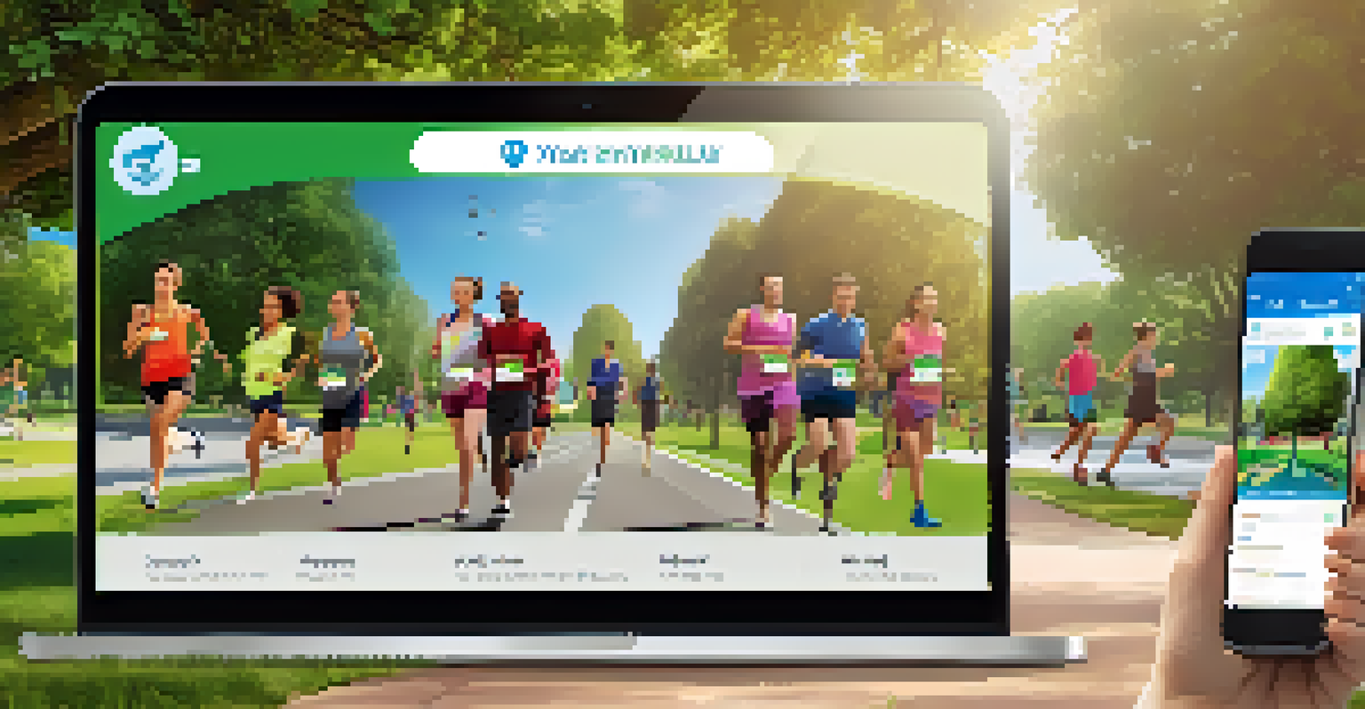 A diverse group of runners in a park using a mobile app that shows achievements and leaderboards, smiling and competing.