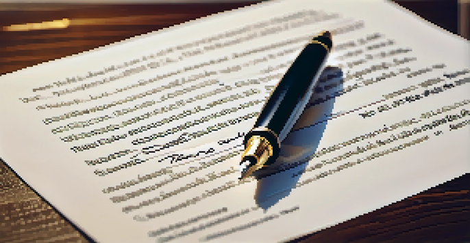 A detailed view of a legal document with a fountain pen on a wooden desk, illuminated by soft natural light.