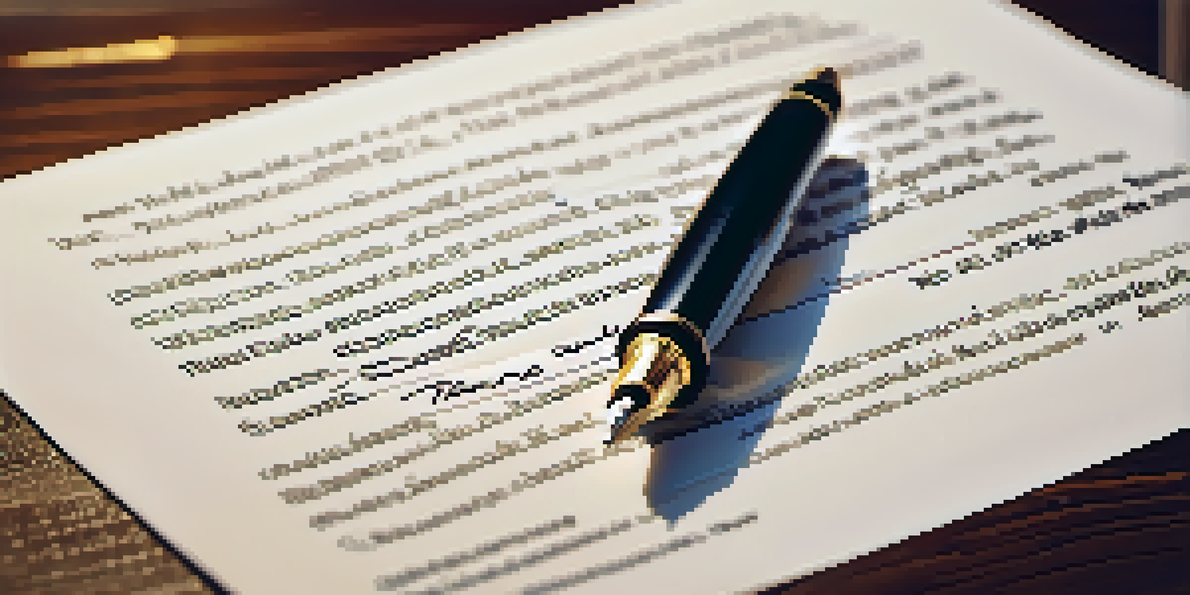 A detailed view of a legal document with a fountain pen on a wooden desk, illuminated by soft natural light.