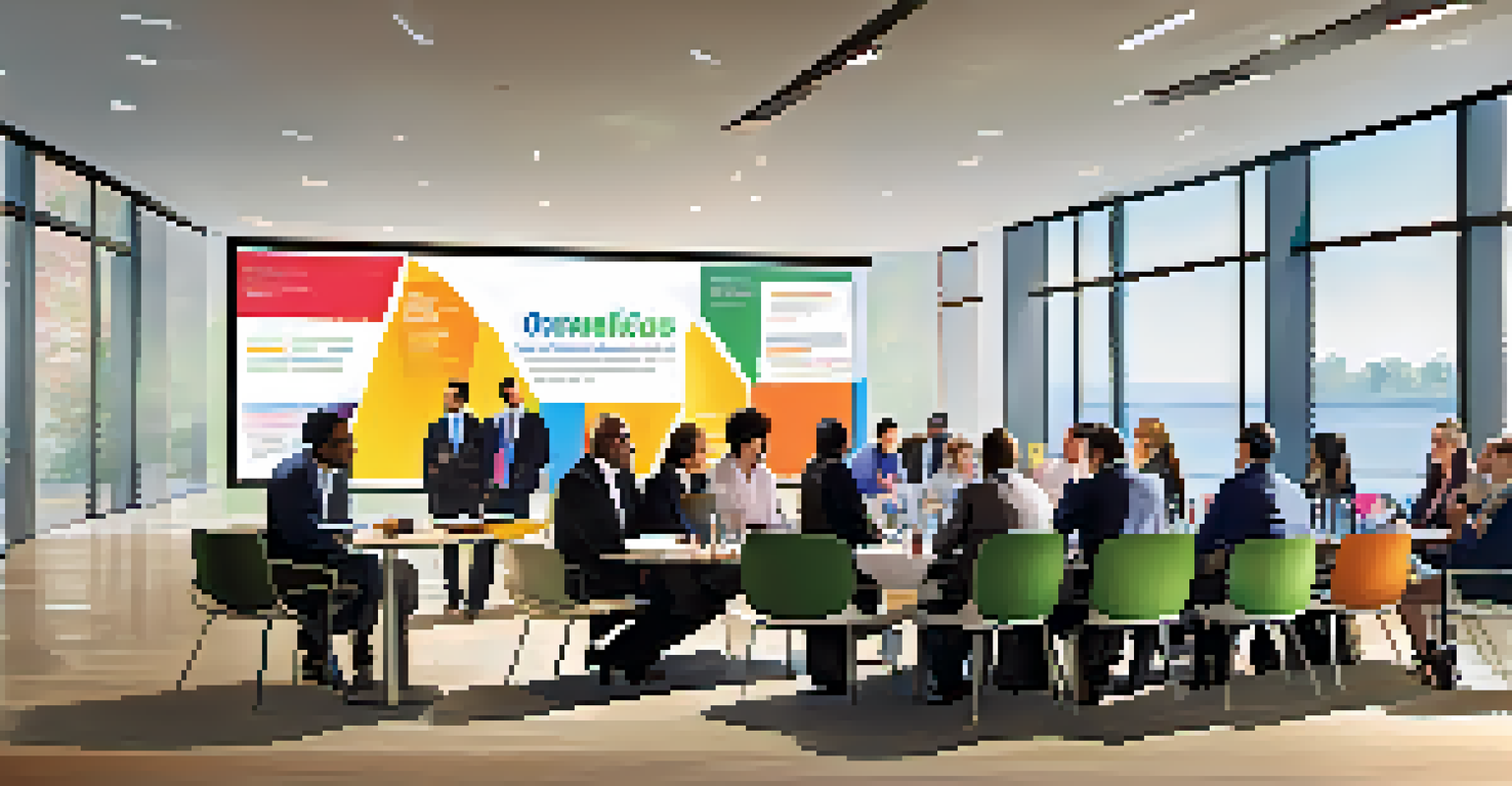 A lively networking event with professionals chatting in a modern conference room decorated with banners.