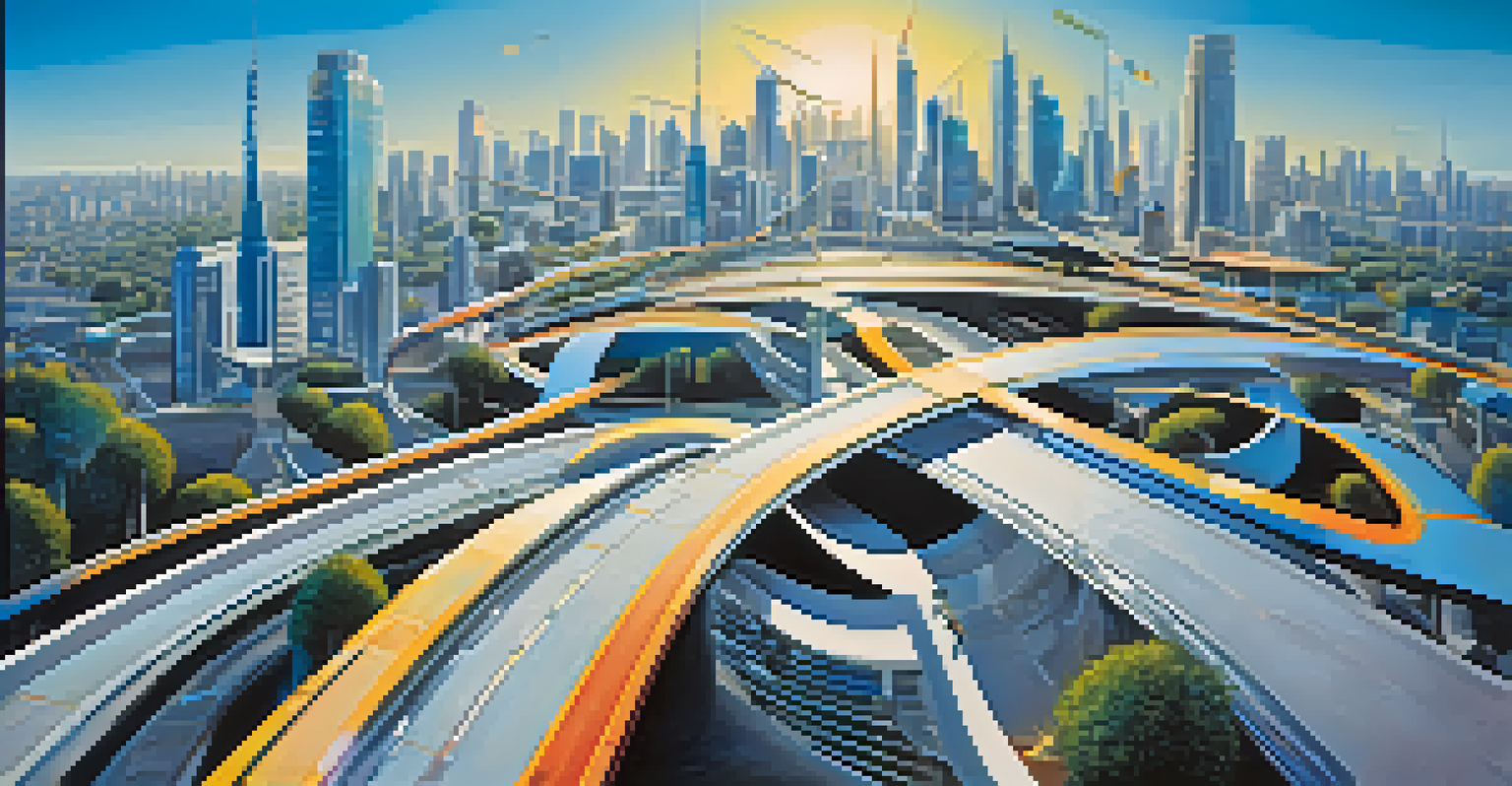 An abstract image of a winding road with signposts labeled with Agile principles, set against a futuristic city skyline.