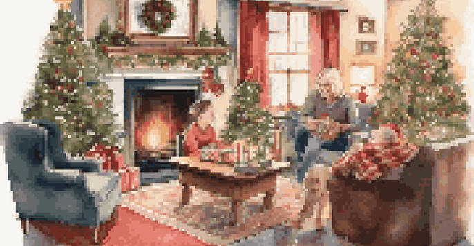 A warm and inviting living room during the holidays with a decorated Christmas tree and family members exchanging gifts.