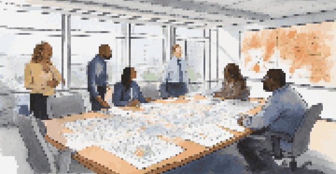 A diverse group of professionals in a conference room discussing a crisis response plan with charts and documents on the table.