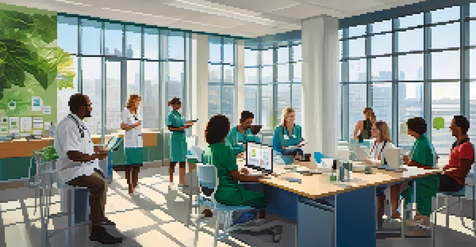 A diverse group of employees participating in a health screening event, with a nurse checking blood pressure and employees talking in a well-lit office.