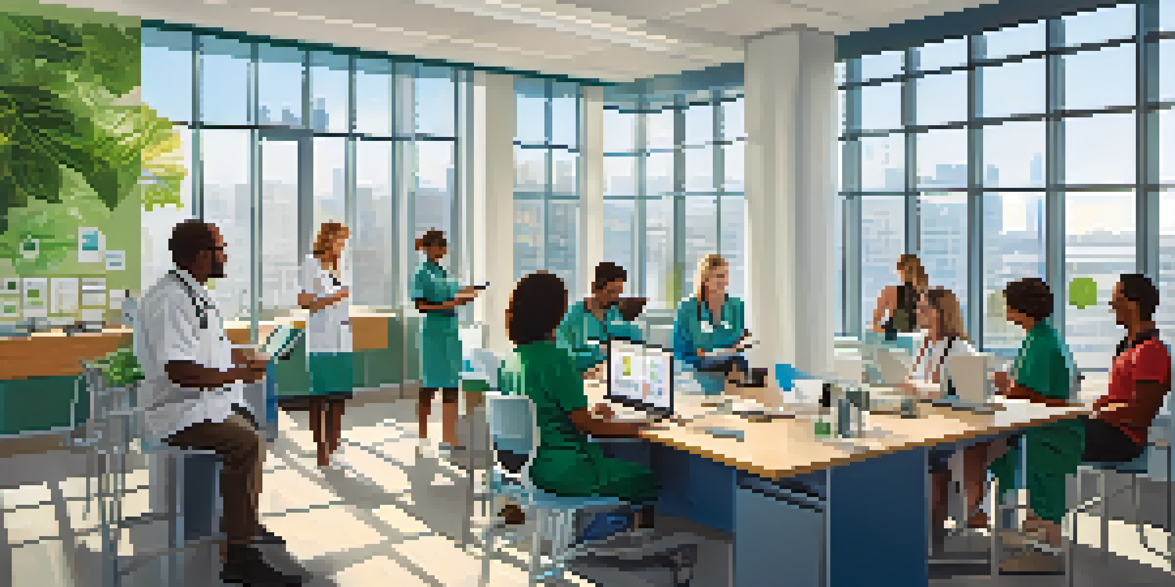 A diverse group of employees participating in a health screening event, with a nurse checking blood pressure and employees talking in a well-lit office.