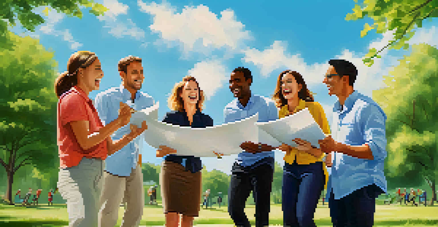 Group of colleagues enjoying an outdoor team-building activity in a park, emphasizing teamwork and collaboration.