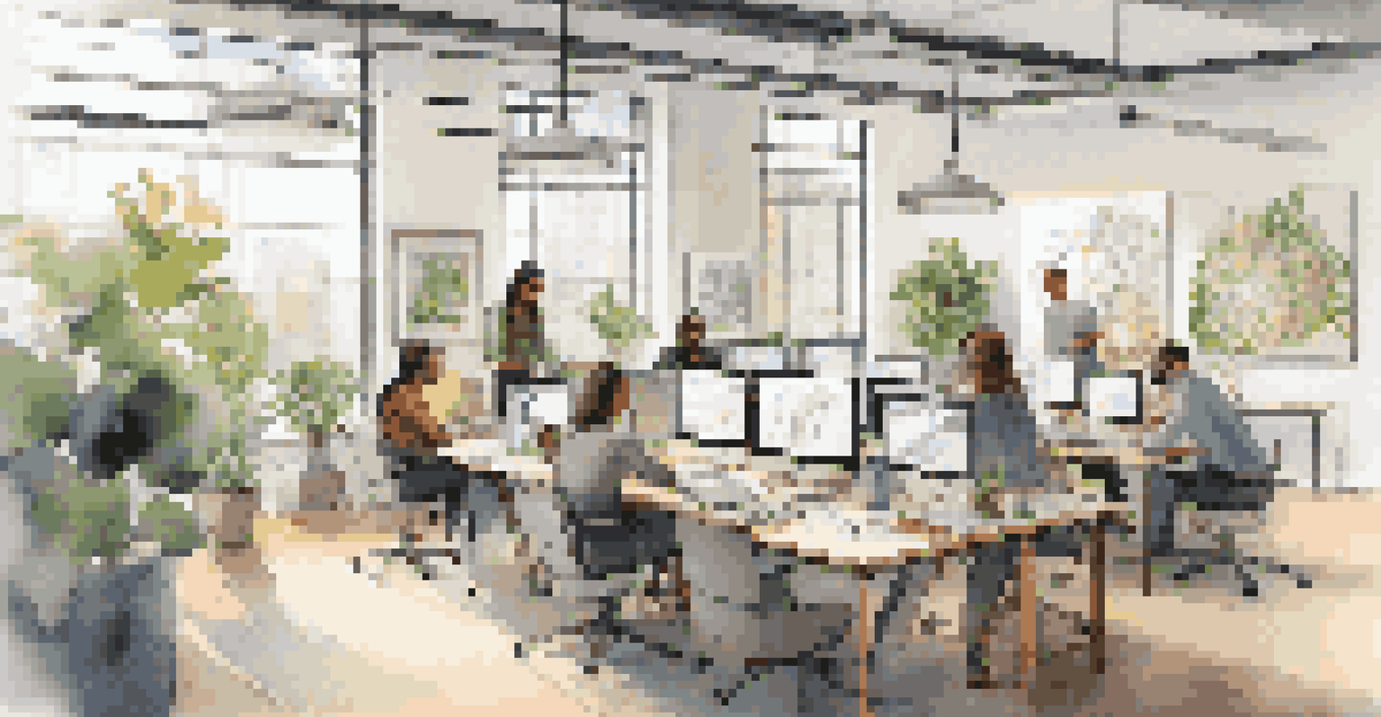 A collaborative workspace with diverse professionals brainstorming around a table, filled with digital devices and sketches under natural light.