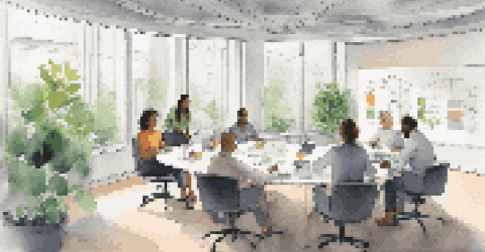 A bright office with a diverse team of professionals in a meeting, discussing data privacy, surrounded by plants and whiteboards.