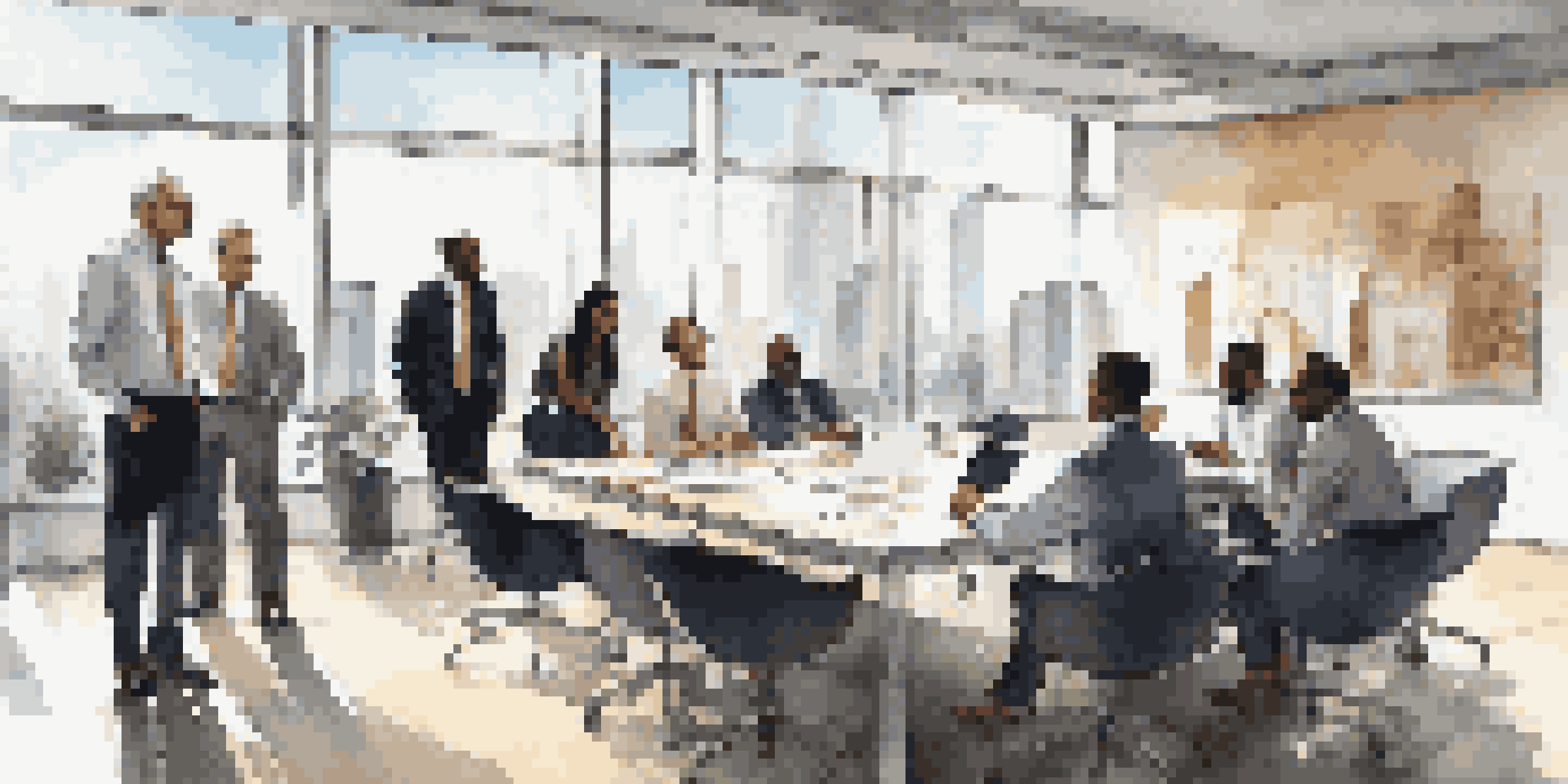 A diverse group of professionals in business attire discussing around a large conference table in a modern office with city views.
