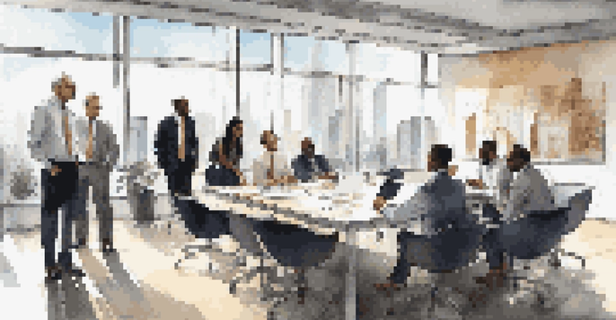A diverse group of professionals in business attire discussing around a large conference table in a modern office with city views.