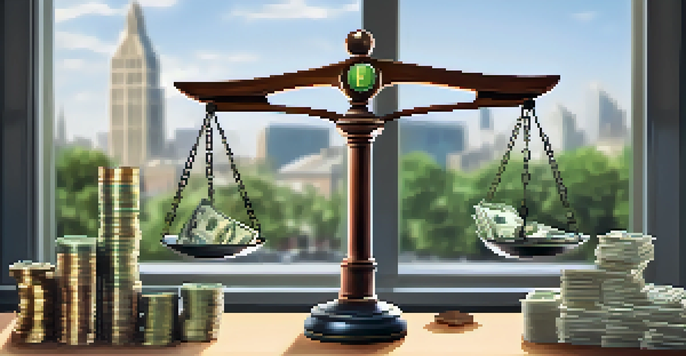 A balanced scale with icons of cash and property on one side, and loans on the other, set in a modern office with natural light.