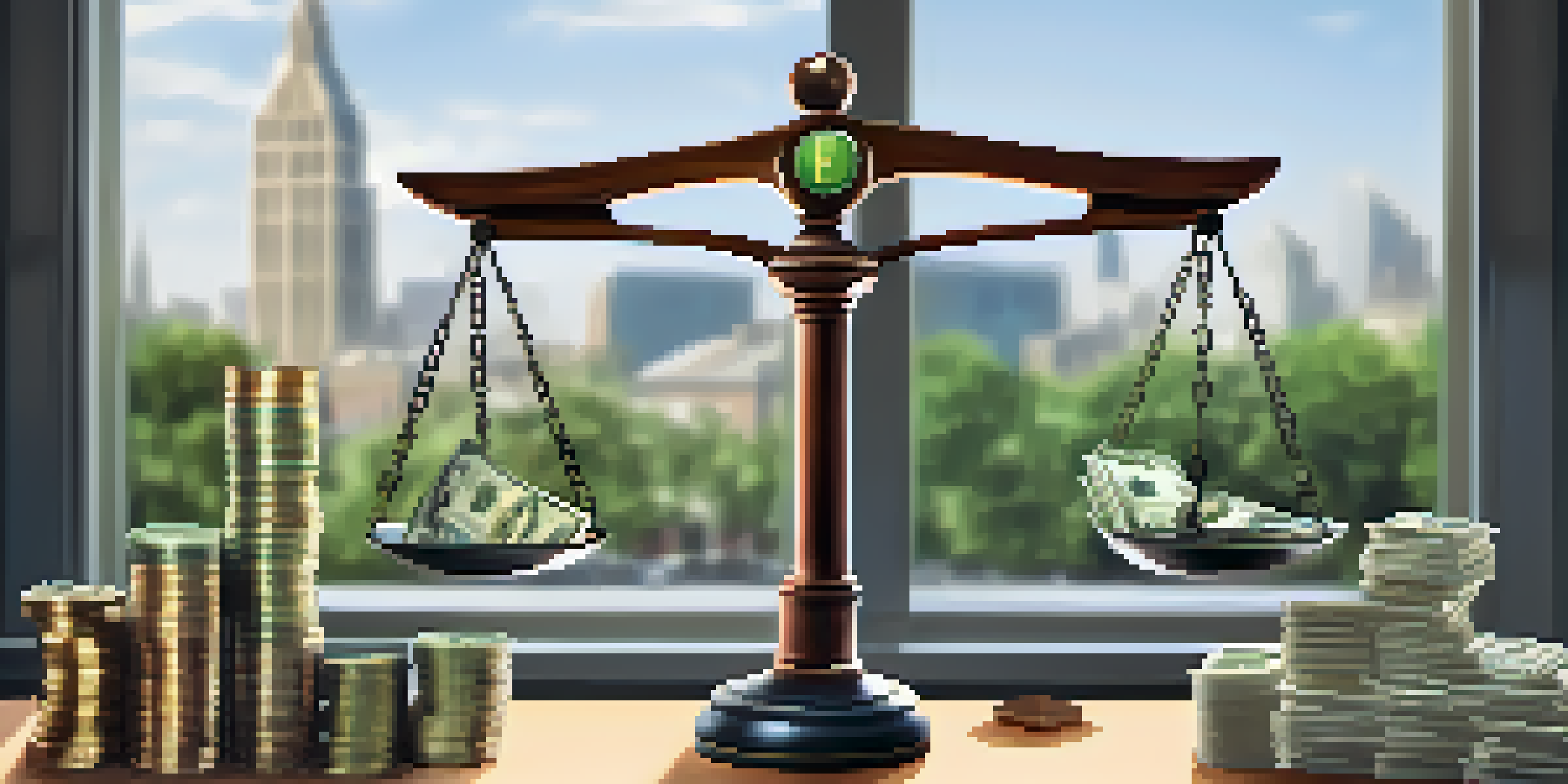 A balanced scale with icons of cash and property on one side, and loans on the other, set in a modern office with natural light.