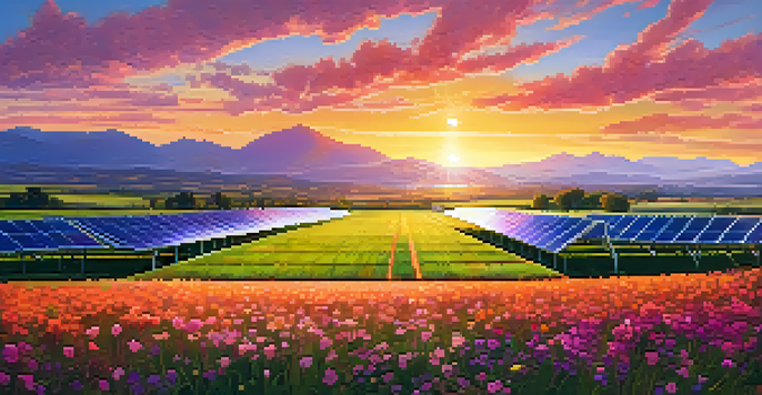 A solar energy farm at sunset with solar panels and colorful sky.