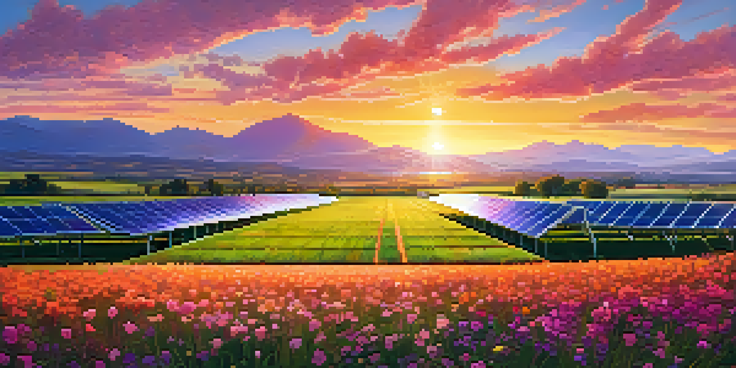 A solar energy farm at sunset with solar panels and colorful sky.