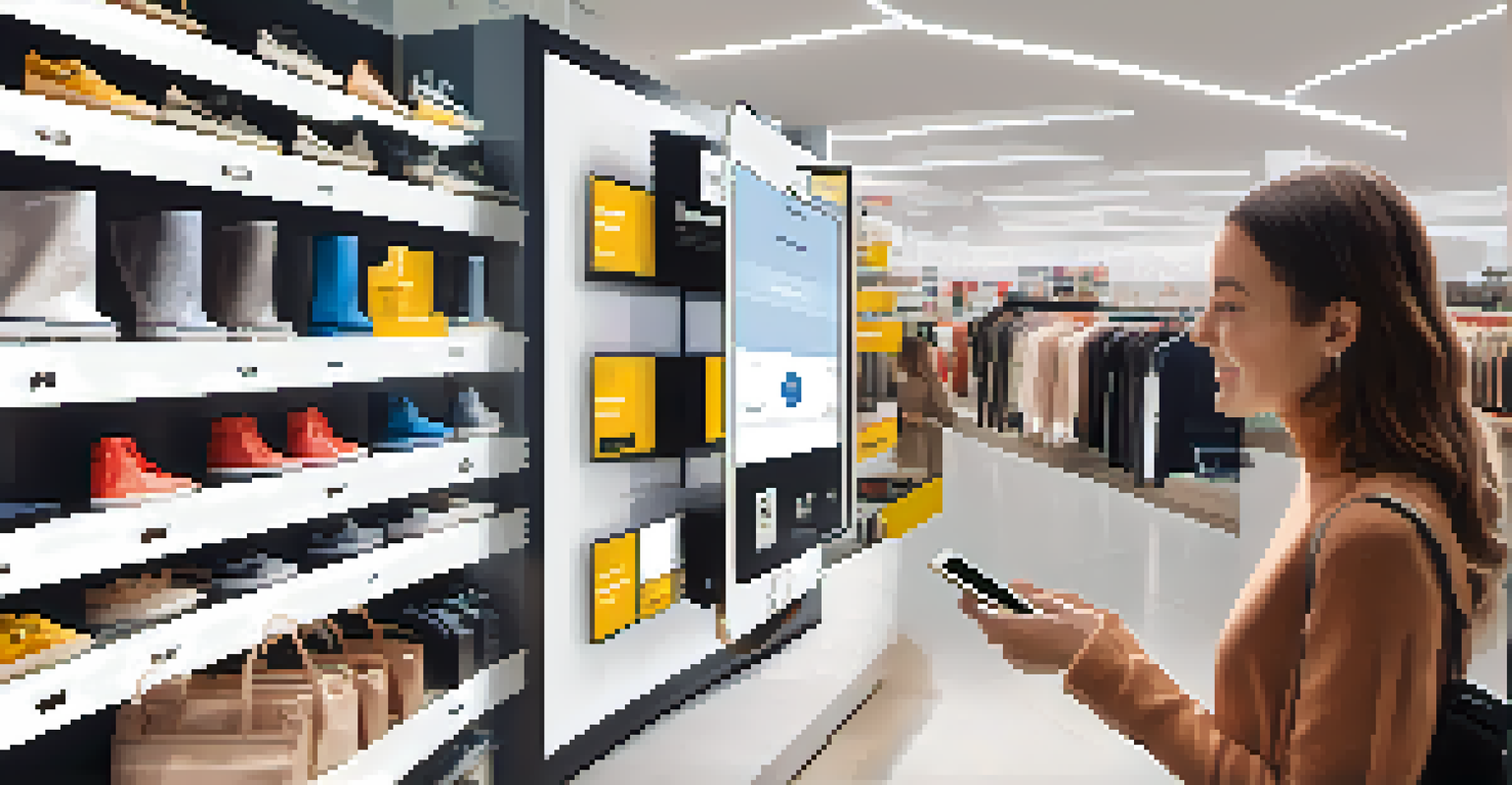 A customer in a retail store interacting with a product while using a mobile app, showcasing integration of in-store and digital shopping.