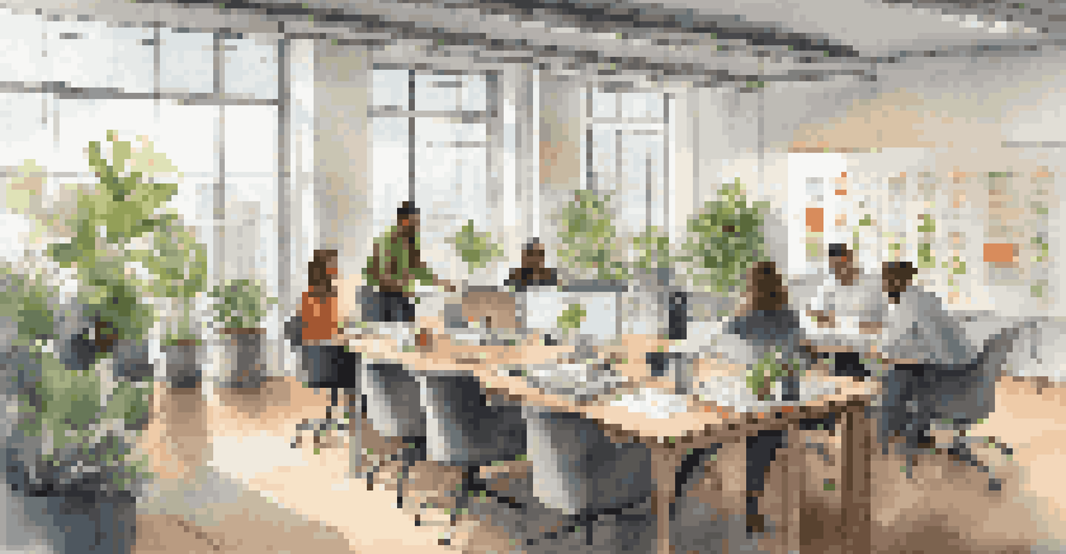 A modern office with employees working together on CSR initiatives at a large table filled with sustainability materials and plants.