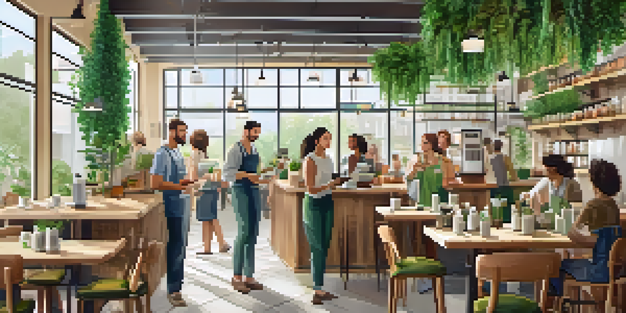 A busy café with employees encouraging customers to use reusable cups, surrounded by greenery and natural light.