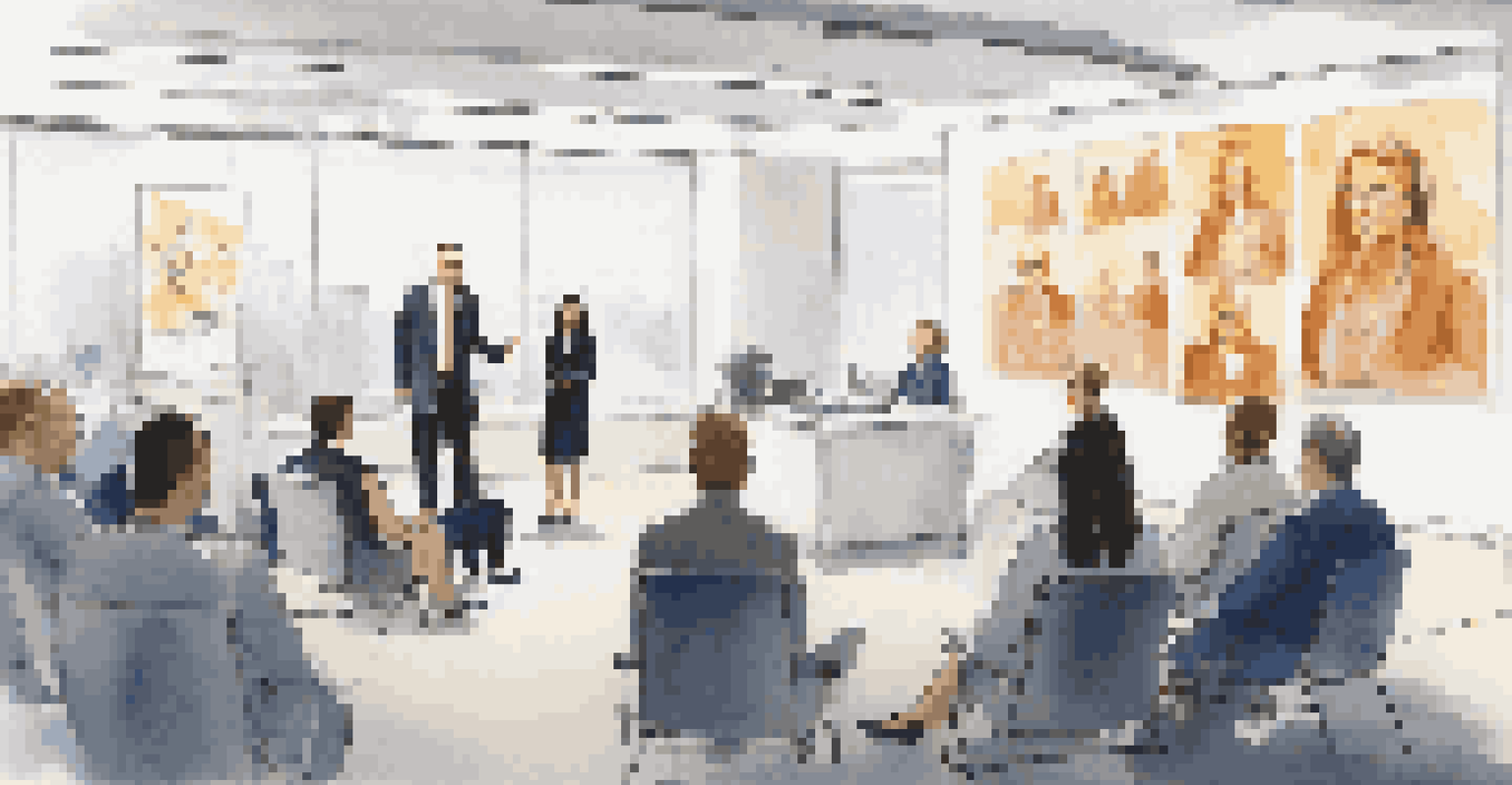 A confident female leader speaking to her team in a modern office room with motivational posters and a screen displaying crisis messages.
